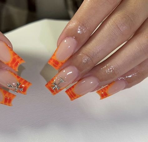 Orange Easter Nails, Orange Acrylic Toes, Orange Croc Nails, Short Nail Designs Orange, Orange French Tip Toes, Orange Birthday Nails, French Tips With Charms, Trendy Orange Nails, Nails For Graduation Pictures