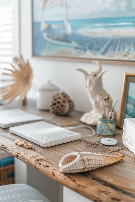 Coastal Office Ideas for a Serene Workspace Beach Office Decor Coastal Style, Beachy Desk Ideas, Coastal Office Ideas, Beachy Desk, Beachy Office, Brown Wood Desk, Coastal Home Office, Nautical Office, Coastal Office