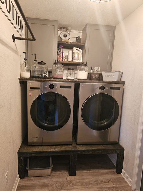 Laundry Room Stand For Washer And Dryer, Laundry Machine Pedestal, Pedestal For Washer And Dryer, Laundry Room Washer Dryer Pedestal, Washer Dryer Ideas, Laundry Room Ideas Front Loaders Washer And Dryer Pedestal, Lifted Washer And Dryer, Diy Pedastool For Washer And Dryer, Diy Front Loader Pedestal