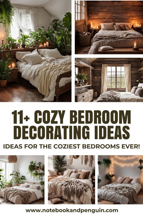 Collage pin featuring 6 cozy bedroom decorating ideas Cozy Bedroom Pillows, Relaxing Cozy Bedroom Ideas, Peaceful Aesthetic Home, Cozy Bedroom With White Walls, Calm And Cozy Bedroom, Nature Aesthetic Room Decor, Peaceful Room Ideas, Make A Bedroom Cozy, Warm Bedroom Colors Earth Tones