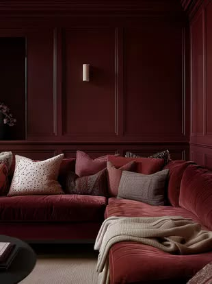 Unveiling the Power of Red: The Red Theory in Interior Design Red Interior Design Modern, Maroon Living Room, Red Living Room Walls, Red Theory, Burgundy Room, Maroon Walls, Red Interior Design, Burgundy Living Room, Art Deco Mid Century Modern