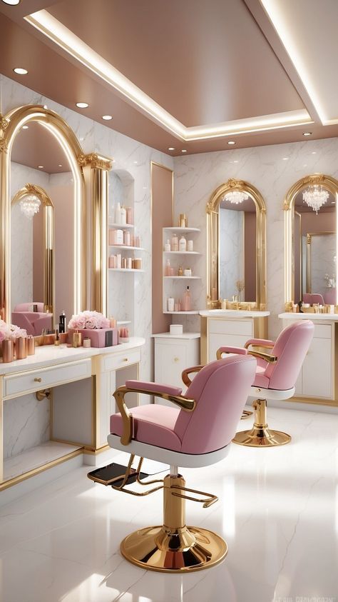 Elegant Salon Ideas, Pink And Gold Salon Decor, Pink And Gold Salon, Hair Salon Interior Design Luxury, Luxury Beauty Salon Design, Modern Salon Design, Hair Salon Aesthetic, Luxury Salon Interior Design, Salon Background