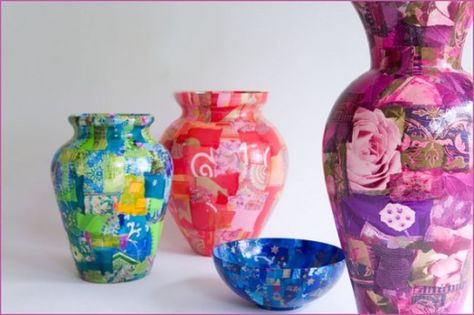 Layers of paper have been decoupaged onto vases, then varnished.