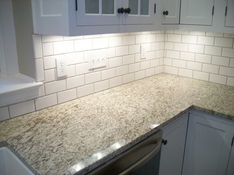 giallo granite with backsplash | Bianco Antico Granite White Cabinets Ornamental White Granite, Giallo Ornamental Granite, Backsplash For White Cabinets, White Granite Countertops, Subway Tile Backsplash Kitchen, Outdoor Kitchen Countertops, White Subway Tile Backsplash, White Kitchen Remodeling, White Subway Tile