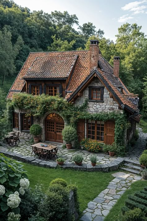 Autumn Mountain Retreat Rustic Home Architecture, Cozy House Architecture, Small Mountain House Interior, Countryside House Exterior, House Exterior Cozy, Mountain House Aesthetic, Cabin House Exterior, House Exterior Cottage, Mountain Homes Exterior