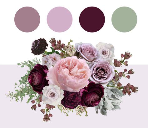 Lavender And Burgundy Wedding, Wine And Plum Wedding Colors, Wedding Color Palette With Purple, Plum Blush Wedding, Mauve Color Palette Wedding, Lavender Mauve Sage Wedding, Sage And Mauve Wedding, Fall Wedding Colors Mauve, Plum And Blush Wedding