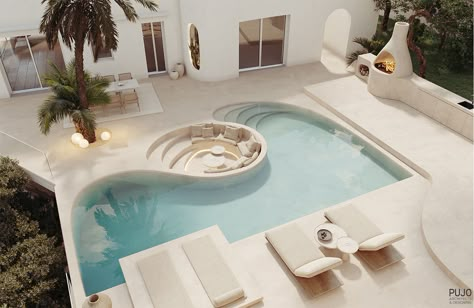 MEDITERRANEAN TERRACE :: Behance Organic Modern Mediterranean, Wabi Sabi Landscape, Retro Backyard, Pool Aesthetics, Pool Decor Ideas, Mediterranean Terrace, Bali Pool, Mediterranean Hotel, White Arch