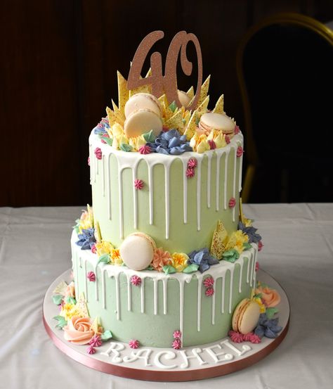 A charming 2-tiered drip cake decorated with floral buttercream and handcrafted macarons. #CakeArt #BakeLove Double Drip Cake, Dream Cake, Carrot Recipes, Cake Images, 11th Birthday, Cake Flavors, Cake Designs Birthday, Drip Cakes, Tiered Cakes