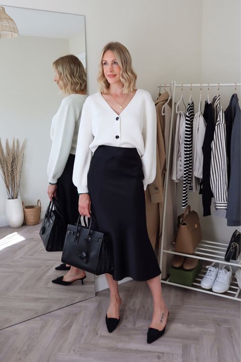 Satin Skirt Smart Casual, Black Slip Skirt Styling, White And Black Office Outfit, White Cardigan And Skirt Outfit, Black Silk Skirt Fall Outfit, Slip Skirt Office Outfit, Silk Skirt And Cardigan Outfit, Bias Skirt Outfit Summer, Purple Slip Skirt Outfit