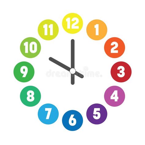 Colorful clock face. Hour dial with numbers in colored circles. Simple flat vector illustration. royalty free illustration Clock Printable For Kids, Clock Numbers Printable, Clock Outline, Analog Clock Printable, Cartoon Clock Photos, Square Clock Face Printable, Clock Cartoon Image, Easy English Grammar, Clock Illustration