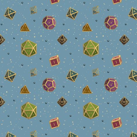 A repeating pattern of a set of 7 Dungeons and Dragons Dice in jewel tones with gold edges, on a medium blue background, surrounded by little yellow stars and small shiny orbs in dark blue. Tabletop Games Aesthetic, Dnd Aesthetic Wallpaper, Dnd Dice Aesthetic, Dungeons And Dragons Wallpaper, Dungeon Master Art, Dungeons And Dragons Aesthetic, Dragons Aesthetic, Pretty Dice, Nerd Aesthetic