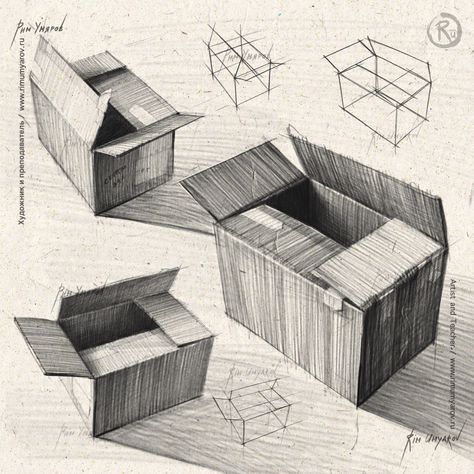 ArtStation - Boxes / коробки Daily Objects Sketches, Rim Umyarov, Object Sketches, Object Composition, Practice Drawing Shapes, Easy Realistic Drawings, Analytical Drawing, Box Drawing, Basic Sketching