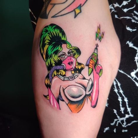 Trippy Tattoo, Ufo Tattoo, Cowgirl Tattoos, Pin Up Girl Tattoo, Memorial Portrait, Optical Illusion Tattoo, Sci Fi Girl, Mushroom Tattoos, Alien Tattoo