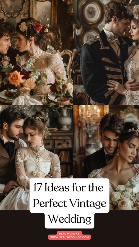 Stunning wedding couples in vintage attire, surrounded by classic decorations, embodying the elegance and charm of a perfect vintage wedding. Vintage Wedding Set Up, Old World Wedding Dress, Old Fashioned Wedding Theme, Old World Charm Wedding, Vintage Romance Wedding Theme, Vintage Wedding Ideas Elegant, Vintage Cottagecore Wedding, Vintage Wedding Theme Ideas, Old Fashion Wedding