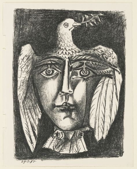 Pablo Picasso. Head and Dove. 1951. Lithograph. composition: 10 1/4 x 7 11/16" (26 x 19.5 cm); sheet: 11 1/8 x 8 7/8" (28.2 x 22.5 cm). Cercle d'Art. Given anonymously. 64.1952. © 2019 Estate of Pablo Picasso / Artists Rights Society (ARS), New York. Drawings and Prints Picasso Dove, Matisse Drawing, Pablo Picasso Drawings, Collaborative Mural, Picasso Prints, Picasso Cubism, Picasso Portraits, Picasso Drawing, Pablo Picasso Art