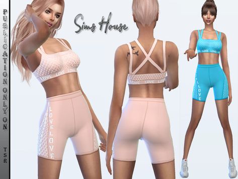 Sims House's Women's sports top and cycling shorts with mesh Ts4 Fitness Cc, Pelo Cafe, Cc Clothes, Sims 4 Teen, House Clothes, Sims 4 Collections, Active Outfits, Sport Top, Sims 4 Cas