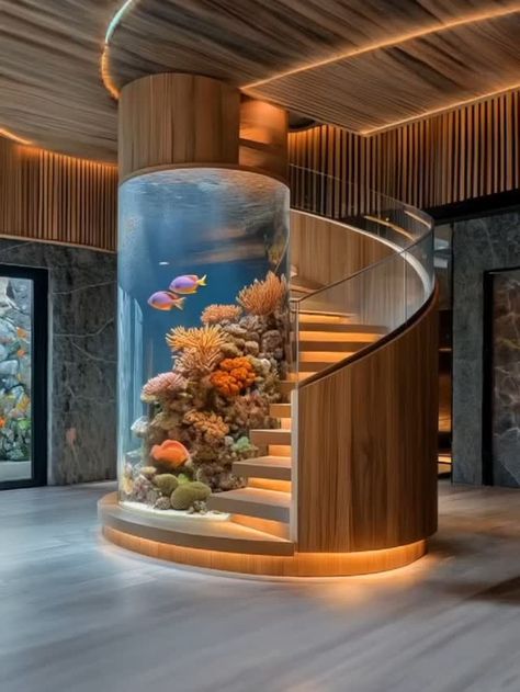 Staircase Aquarium, Curved Staircase Foyer Entryway, Curved Staircase Foyer, Staircase Foyer, Home Aquarium, Foyer Entryway, Curved Staircase, Fish Aquarium, Jelly Fish