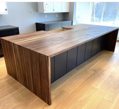 Wood Counter Island Kitchen, Diy Waterfall Island Kitchen, Butcher Block Waterfall Countertop, Waterfall Butcher Block Island, Teak Countertop Kitchen, Diy Waterfall Island, Wood Waterfall Island Kitchen, Butcher Block Countertops Waterfall, Waterfall Butcher Block Counter