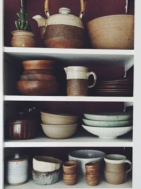 Kitchen Shelves: Earth Tone Ceramics Earthy Dishware, Ceramic Handmade Plates, Stacked Ceramics, Pottery Shelves, Wood Dinnerware, Boho Dinnerware, Earthy Pottery, Pottery Shelf, Ceramics Collection