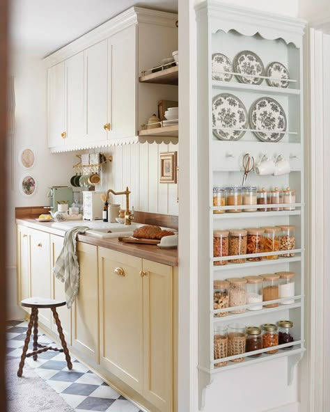 Much requested stills of my happy little kitchen. Don’t let anyone tell you that new builds can’t be full of character 💛 If you have any questions, feel free to leave a comment below & I’d be happy to help. Make sure to save for inspo! PAINT/FINISH @littlegreenepaintcompany: - Upper Cabinets + Backsplash: Stock (Intelligent Eggshell) - Lower Cabinets: Oak Apple (Intelligent Eggshell) - Floating Pantry: Hidey Hole (Intelligent Matt Emulsion) - Walls: Loft White (Intelligent Matt Emulsion) ... Kitchen With Few Upper Cabinets, Kitchen Lower Cabinets Only, Kitchen Upper Cabinets Ideas, Upper Cabinet Decor, Harrington House, Pot Rail, Gallery Rail, Lower Cabinets, Small Kitchen Decor