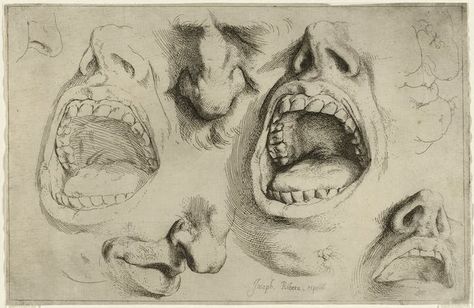 Jusepe de Ribera  Studies of the Nose and Mouth, a detailed study of a mouth screaming in pain, circa 1622. BM Open Mouth Drawing, Dulwich Picture Gallery, Mouth Drawing, Baroque Art, Spanish Artists, Open Mouth, Anatomy Art, Art Movement, Drawing Techniques