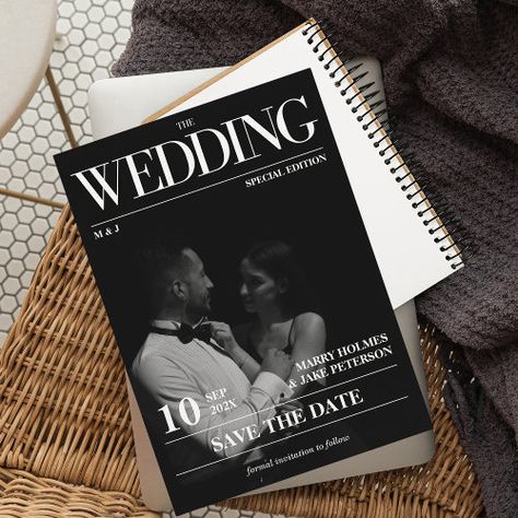 $3.08 | Magazine Editorial Newspaper Wedding Save the Date #magazine, editorial, newspaper, unique, photo, funny, retro, save the date, two photos, modern elegant trendy viral Vogue Save The Date, Save The Day Ideas For Weddings, Wedding Photo Magazine, Sleek Wedding Invitations, Editorial Save The Date, Wedding Invitation Magazine, Save The Date Magazine Cover, Vogue Wedding Invitations, Magazine Save The Date