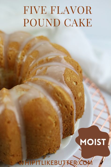 Five Flavor Pound Cake is a moist cake blending rum, lemon, butter, vanilla, and coconut flavors. Lemon Butter Cake Recipe, 5 Flavor Pound Cake, Five Flavor Pound Cake, Best Pound Cake Recipe, Easy Pound Cake, Pound Cake Recipes Easy, Butter Pound Cake, Sour Cream Pound Cake, Moist Cake