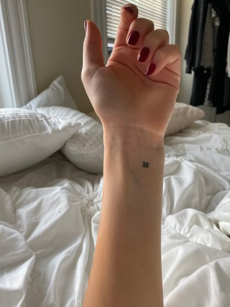 Sister Initial Tattoos, U Initial Tattoo, Matching Tattoos Initials, Initial On Wrist Tattoo, Small Letter D Tattoo, Initial Tattoo Back Of Arm, Y Initial Tattoo, Two Letter Tattoo, Letter Minimalist Tattoo