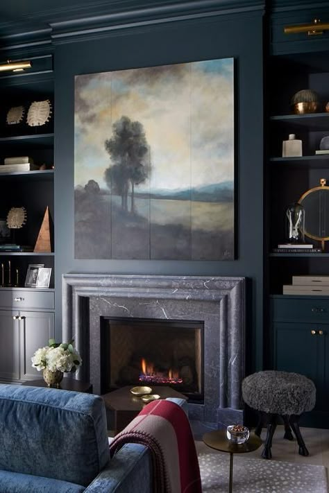 Dark Blue Painted Walls, Bookshelves Around Fireplace, Fireplace Gallery, Blue Painted Walls, Dark Blue Living Room, Fireplace Bookshelves, Cozy Homes, Dark Blue Walls, Blue Living Room Decor