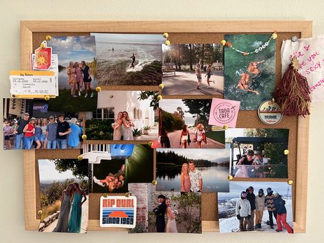 Beachy Bulletin Board, Big Bulletin Board Ideas Bedroom, Pin Board With Photos, Bulletin Board Ideas For Pictures, Photo Wall Cork Board, College Dorm Photo Display, Collage Board Diy, Bulletin Board College Dorm, Photo Wall Collage Bulletin Board