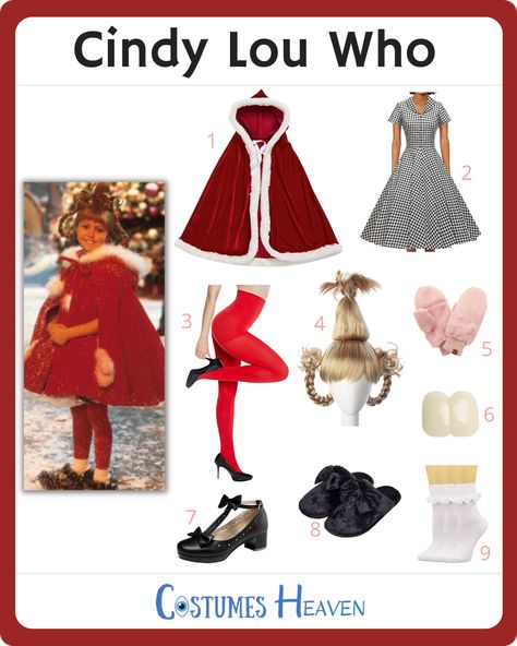 Cindy Lou Outfit, Cindy Lou Costume Diy, Cindy Lou Who Outfit Ideas, Cindy Loo Hoo Costume, Cindy Lou Hoo Costume, Diy Cindy Lou Who Costume Adult, Betty Lou Who Costume, Whooville Outfits Ideas, Cindy Lou Who Costume Diy Kids