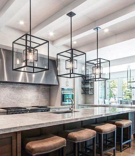 Giant Black Square Chandeliers Kitchen Island Lighting Design Idea Inspiration #kitchenlightingideas Small Kitchen Lighting, Island Lighting Modern, Blitz Design, Lights Over Kitchen Island, Interior Light Fixtures, Island Light Fixtures, Kitchen Chandelier, Kitchen Island Chandelier, Modern Kitchen Island