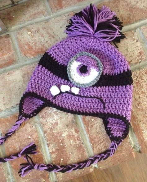 Minion Crochet Hat, Evil Minion, Purple Minion, Minion Hat, Purple Minions, Crochet Character Hats, Minion Hats, Minion Crochet, شال كروشيه