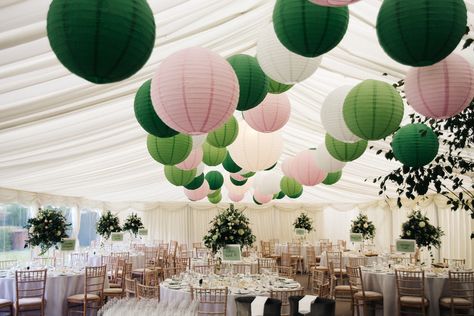 Green, blush pink and white hanging paper lanterns. Images Sally T Photography #weddingreception #receptiondecor #hanginglanterns #weddingdecor #weddingreceptionideas Green And Pink Party, Wedding Hanging Decor, Paper Lantern Centerpieces, Marquee Wedding Inspiration, Cer Nocturn, Marquee Decoration, Village Hall Wedding, Paper Lanterns Wedding, Marketing Executive