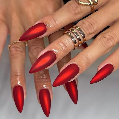 Almond Nails Red, Red Matte Nails, Red Chrome Nails, Pink Stiletto Nails, Red Stiletto Nails, Wine Nails, Pointy Nails, Chrome Nails Designs, Matte Nails Design