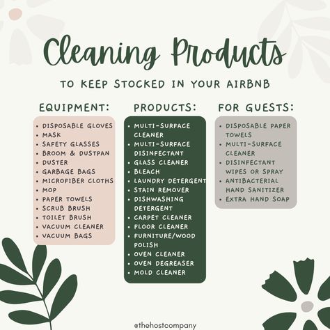 Want a full list of cleaning products to stock in your Airbnb? Air Bnb Set Up Checklist, Air Bnb Essentials List, Airbnb Cleaning Business, Air Bnb Essentials, How To Run A Successful Airbnb, Airbnb Owners Closet, Airbnb Co Hosting, How To Airbnb, Airbnb Cleaning Tips