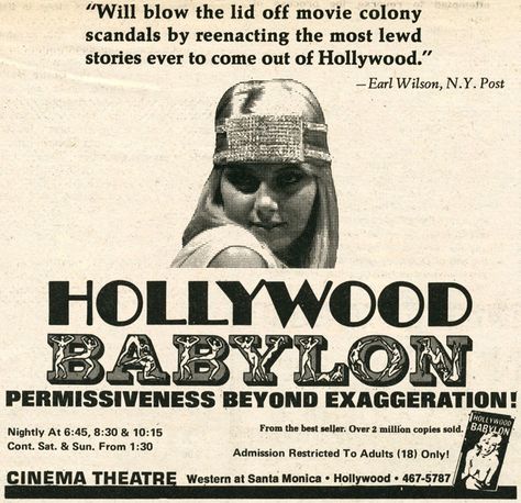 Hollywood Babylon (1972) Documentary based on Kenneth Anger's book Hollywood Babylon, Kenneth Anger, Occult Books, Cinema Theatre, Hooray For Hollywood, Movie Theater, Scandal, Movie Poster, Cover Art