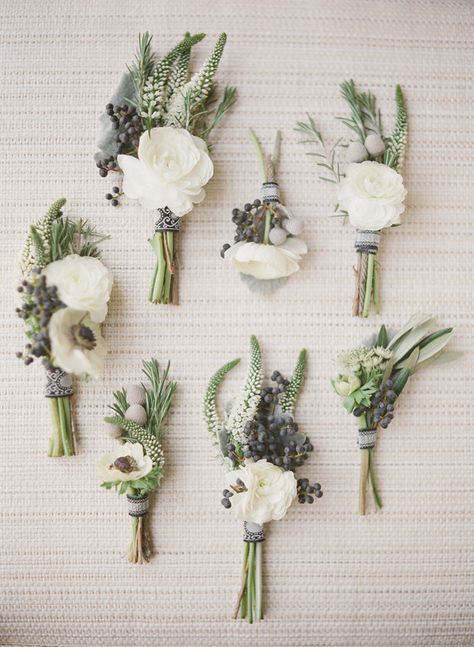 Pretty Boutonnieres for a simple earthy wedding theme. Earthy Wedding, Green Wedding Colors, Flower Corsage, Boutonniere Wedding, Deco Floral, Industrial Wedding, Event Styling, Green Wedding, Wedding Themes