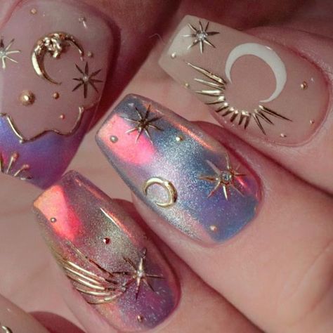 Space Inspired Nails, Witchy Nails Short, Astrology Nails, Celestial Nails, Cat Nail Designs, Nail Halloween, Halloween Nail Art Ideas, Boho Nails, Witchy Nails