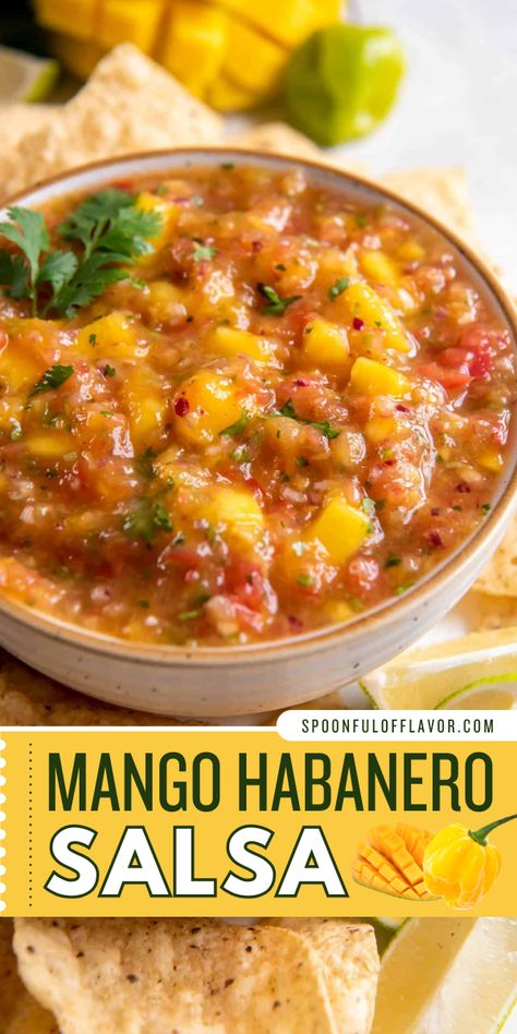 Mango habanero salsa recipe easy to make Labor Day party food idea! The combination of sweet and fresh mango and spicy habanero creates a yummy dip that is perfect for parties. Pin this Mango habanero salsa recipe now Best Mango Salsa, Mango Salsa Recipe Easy, Homemade Mango Salsa, Recipes For Sweet Peppers, Different Salsa Recipes, Green Habanero Recipes, Habanero Canning Recipes, Hot Mango Sauce, Salsa Mango