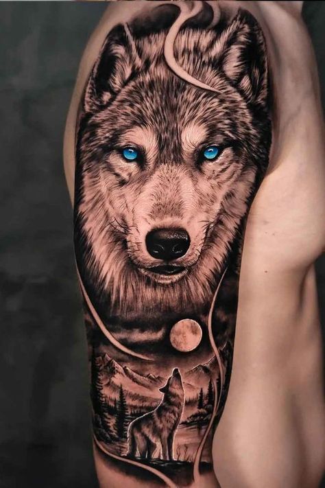 Half Sleeve Tattoos Wolf, Wolf Tattoo Shoulder, Wolf Girl Tattoos, Wolf Pack Tattoo, Tato Naruto, Wolf And Moon Tattoo, Howling Wolf Tattoo, Lone Wolf Tattoo, Wilderness Tattoo