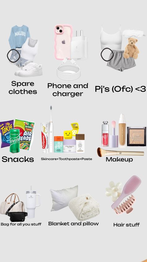 What to pack for a sleepover ❤️ Pack For Sleepover, Pack For A Sleepover, Sleepover Checklist, Sleepover Packing, Sleepover Packing List, Trip Essentials Packing Lists, Sleepover All Nighter, Sleepover Essentials, Road Trip Bag