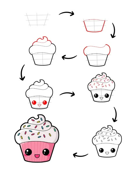 Cute cupcake drawing How To Draw A Cake Easy, Step By Step Kawaii Drawing, Cupcake Drawing Easy, Dessert Doodles, Cute Cupcake Drawing, Hot Dog Drawing, Dog Drawing Simple, Bento Cakes, Drawing Arts