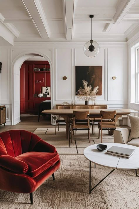 Colourful Modern Interior Design, Red Accent Interior Design, Unexpected Interior Design, Unexpected Red Interior Design, Pop Of Red Interior, Modern Classic Interiors, Red Home Interior, Red Interior Design Modern, Red Theory Interior Design