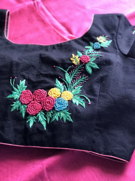 Floral hand embroidery blouse Hand Embroidery Blouse, Hand Embroidery Dress, Blouse Back Neck Designs, Blouse Embroidery, Embroidery On Kurtis, Kurti Embroidery Design, Hand Embroidery Videos, Hand Work Embroidery, Embroidery Works