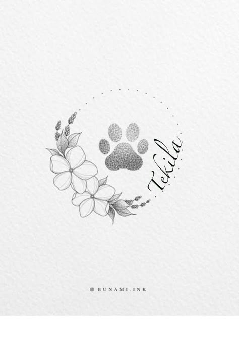 Animal Paw Tattoo Ideas, Dog Tribute Tattoo Small Flower, Memorial Tattoo For Cat, Small Dog Memorial Tattoo, Pet Memory Tattoos, Memorial Cat Tattoos, Dog Paw Tattoo Memorial, Pet Tribute Tattoo, Pitbull Tattoo For Women