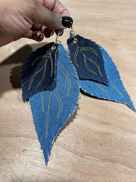 DIY Denim Leaf Earrings Tutorial | That Black Chic Denim Feather Earrings, People Staring, Upcycle Denim, Diy Interior Design, Denim Scraps, Denim Earrings, Fabric Feathers, Denim Crafts Diy, Diy Denim