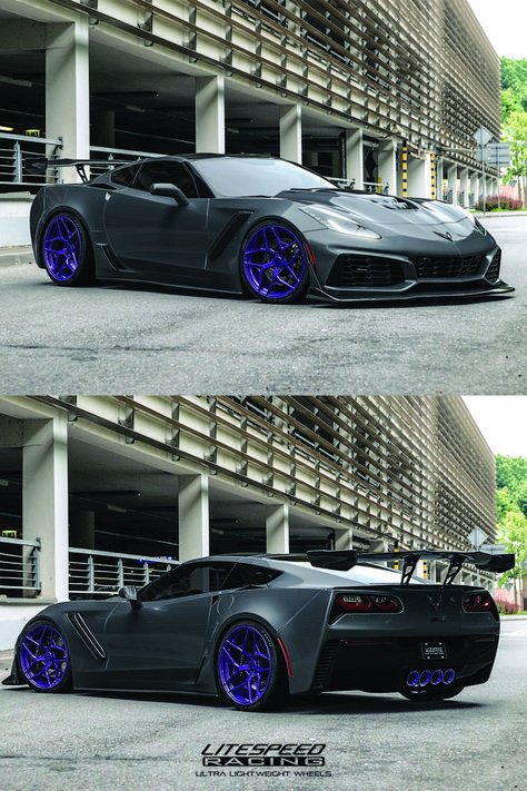 matte black corvette with purple VR5 wheels by Litespeed Racing Corvette C7 Black, C6 Corvette Z06, Purple Corvette, Corvette C7 Zr1 Black, Corvette C7 Grand Sport, Black Corvette, C7 Corvette, Corvette Grand Sport, Corvette C5