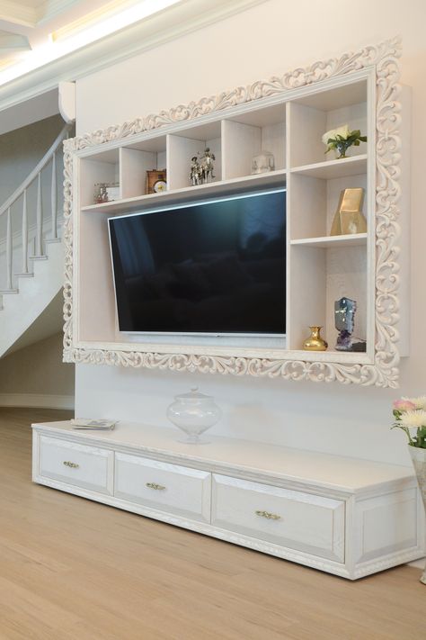 Farmhouse Bedroom Tv Wall Ideas, Tv Framed On Wall Decorating Ideas, Wall Panel Tv, Tv Wall Design With Fireplace, Television Frame, Panel Tv Wall, Tv Wall Built In Ideas, Tv Wall Stand, Decorating Tv Wall