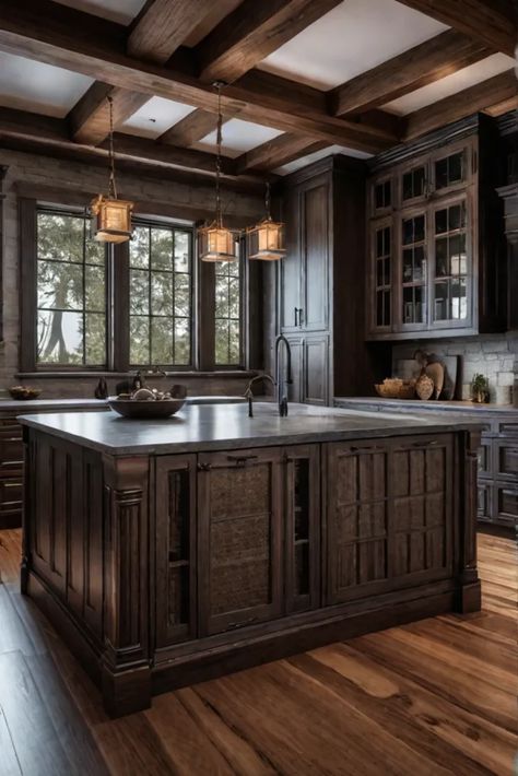 Hickory kitchen with rustic charm Lodge Kitchen, Wood Kitchens, Hickory Kitchen, Dark Wood Kitchens, Cabin Inspiration, Traditional Kitchen Design, Kitchen Surfaces, Timeless Kitchen, Subway Tile Backsplash